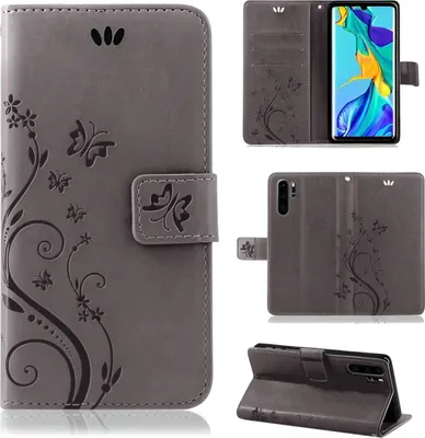 Produktbild von Handytasche für Huawei P30 Pro Blumen Flip Cover Buchhülle mit Magnetverschluss, Grau