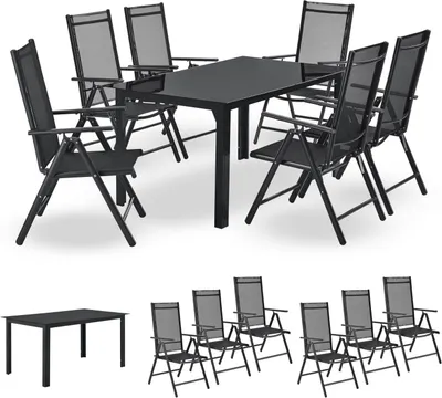 A dark gray aluminum garden furniture set with a table and six chairs, displayed on a white background.