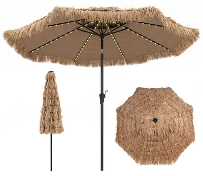 Produktbild von COSTWAY Sonnenschirm Hawaii PP-Stroh 300cm, Gartenschirm kippbar, PP-Strohschirm mit LED, 12 Beleuchtungsmodi & Kurbel, Strandschirm Terrassenschirm