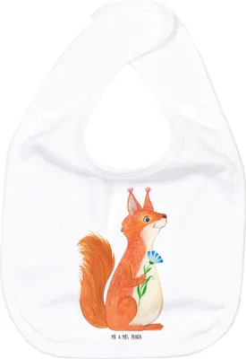 Produktbild von Mr. & Mrs. Panda Lätzchen Eichhörnchen Blume - Weiß - Geschenk, glücklich Spruch, Spaß, Eichhorn, Für Babys, Lustige Sprüche, Baumwoll, Motivation, Öko Babylätzchen