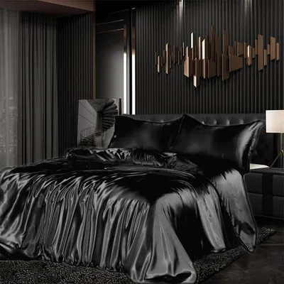 Produktbild von Bettwäsche Set Satin 135x200cm 4-teilig Schwarz Glänzend mit Reißverschluss