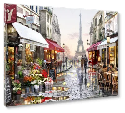 Produktbild von Leinwandbild Spaziergang am Eiffelturm 60x80 cm Canvas Wandbild Paris Stadt Romantik Straße Café Modern Wohnzimmer Schlafzimmer Deko Kunst