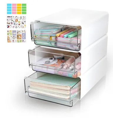 Stapelbare Schubladenbox 3er-Set, Schreibtisch-Organizer, Kunststoff, weiß