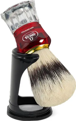 Immagine prodotto di Pennello da barba Omega Hi-Brush in pelo sintetico effetto tasso, manico rosso trasparente, 11 cm