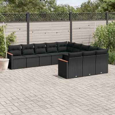 Produktbild von Design 11-tlg. Garten-Sofagarnitur mit Kissen Schwarz Poly Rattan, Gartenmöbel-Sets 2024 Neu