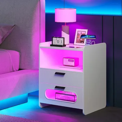 Produktbild von Nachttisch mit Ladestation,LED RGB Nachttisch Weiß Hochglanz Holz Beistelltisch mit 2 Schubladen,Einheit Nachtschrank Bettschrank Kommode 50x40x64cm