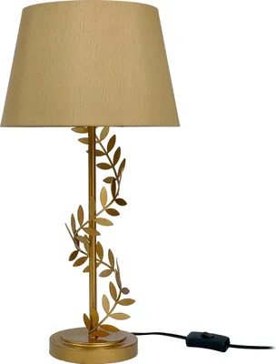 Produktbild von Relaxdays Tischlampe, Metallfuß, Stoffschirm, E27, HxD: 55x27 cm, Lorbeerranke, Tischleuchte mit Kabel, Wohnzimmer, gold