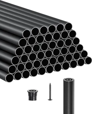 A stack of black metal pipes with a few accessories shown below.