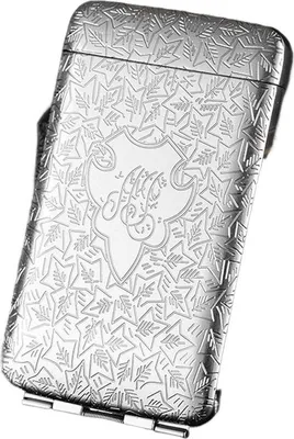 A silver cigarette case with an embossed pattern.