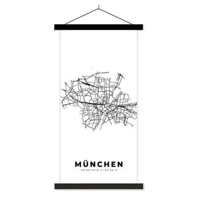 Produktbild von MuchoWow® Textilposter Stadtplan - Schwarz und weiß - Karte - München - Deutschland 90x180 cm mit schwarzem Rahmen - Dekoration Wohnzimmer