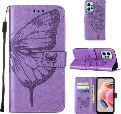 Produktbild von Lederhülle für Xiaomi Redmi Note 12 4G Schmetterling Prägung Flip Ledertasche Kartenfächer Handyhülle mit Ständer Violett
