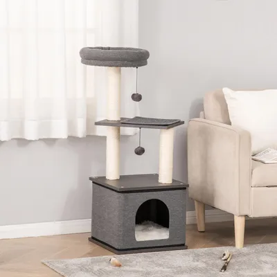 Produktbild von SUGIFT Katzenbett, Katzenkratzbaum mit Katzentoilette, Sisal, Katzenbaum Dunkelgrau | Spanplatte | 5-in-1 Aktivitätszentrum | 40 x 40 x 104 cm