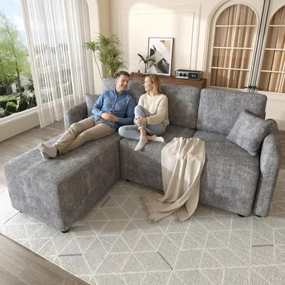 Produktbild von Merax L-Form Ecksofa 3-Sitzer mit Liegefläche, Chenille Sofa mit Hochdichteschaum, 2 Kissen, Massivholzrahmen, bis 150 kg, Wohnzimmersofa, Grau