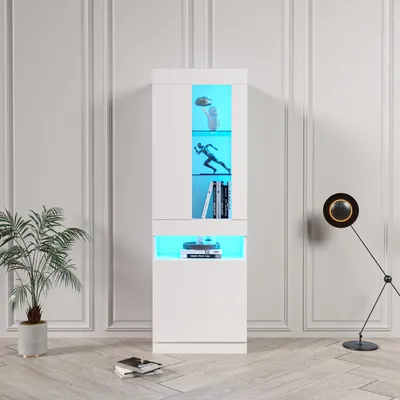 Produktbild von okwish Vitrine Weiß, 50x40x180 cm, mit LED-Beleuchtung 16 Farben, Modern, Hochglanz, Betonoptik, 2 Glasböden