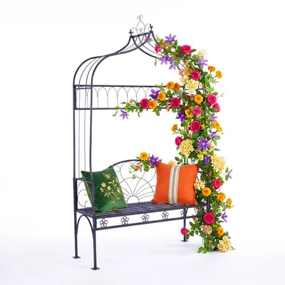 Image de Relaxdays : arceau à roses avec banc, en métal, pour le jardin, H x l x P : 220 x 122 x 43 cm, arceau robuste pour plantes grimpantes, noir