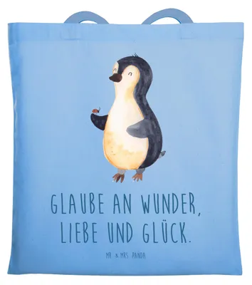 Produktbild von Mr. & Mrs. Panda Uni Tasche Pinguin Marienkäfer - Sky Blue - Geschenk, Lebensfreude, festivaltasche, Aufmerksam, Jutebeutel, Glück, Schultasche, Einkaufstasche, Tote Bag