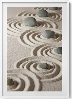 Produktbild von Zen - Steine auf Sandkreisen– Wandbild mit Rahmen – Gerahmtes Bild  – Wanddekoration – 70x100 cm –  Weiß Rahmen