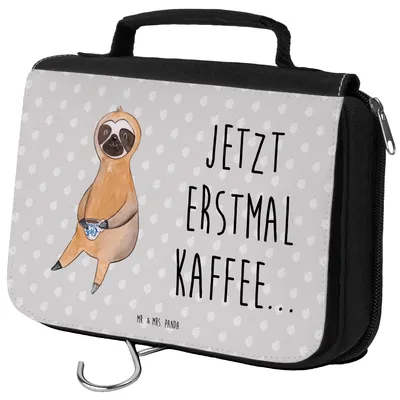 Produktbild von Mr. & Mrs. Panda Make-Up Tasche Faultier Kaffee - Grau Pastell - Geschenk, Kosmetiktasche, kulturtäschchen, Coffee, badtasche, Kaffeetasse, Kulturtasche, Kulturbeutel