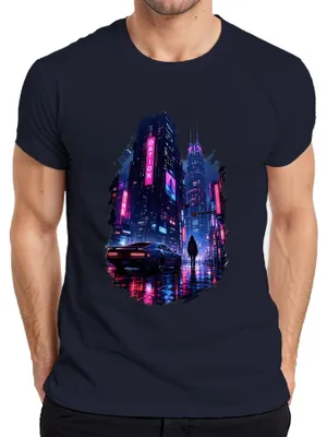 Produktbild von Cyberpunk City Future Neon Auto Regen Nacht Japan Y2K Synthwave Herren T-Shirt, Navy, L