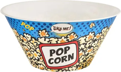 A popcorn bowl with a comic book style design.
