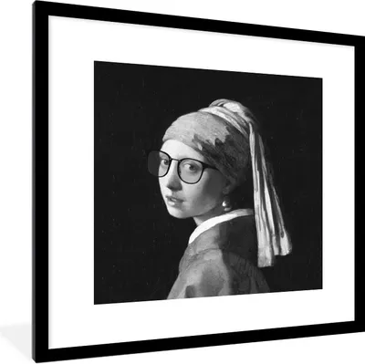Produktbild von MuchoWow® Gerahmtes Poster Das Mädchen mit dem Perlenohrring - Johannes Vermeer - Schwarz und weiß 40x40 cm - Poster mit Schwarzem Bilderrahmen Wandposter Rahmen Foto Bilder - Poster - Plakat im Rahmen