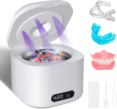 Produktbild von Ultraschallreiniger 340 ml 49 kHz mit UV und 4 Modi für Schienen, Zahnprothesen, Retainer, Aligner, Zahnklammern, Zahnersatz, Schmuck
