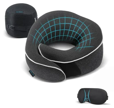 Immagine prodotto di Cuscino da viaggio per collo - Memory foam - Set con mascherina per dormire - Grigio scuro - Per aereo e auto