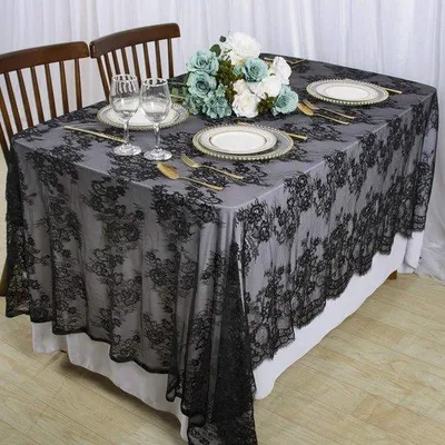 Productafbeelding van Kanten tafelkleed rechthoekig 152,4 x 304,8 cm Boho kant elegant bloemenpatroon bruiloft tafelkleed rechthoekig wimper tafelkleed kanten tafelkleed wit 60 x 120 inch (zwart)