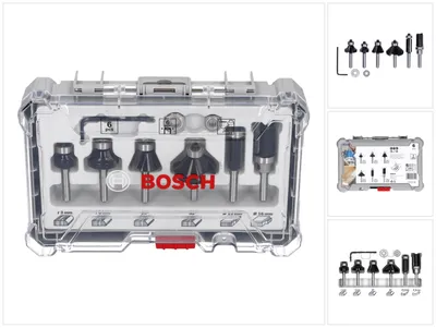 A set of Bosch router bits in a clear plastic case, with additional product images on the right side.