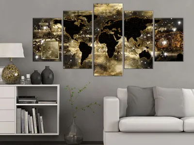 Produktbild von Akustikbild Weltkarte schwarz 200x100 cm Bilder Akustikschaum Hochleistungsschallabsorber Schallschutz Leinwand 5 tlg Wandbild Raumakustik Schalldämmung Landkarte World Map k-A-0008-b-n