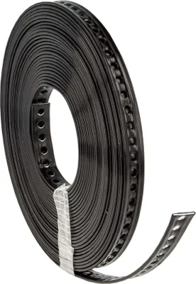 A roll of black perforated metal strapping, also known as lochband or montageband, is shown against a white background.