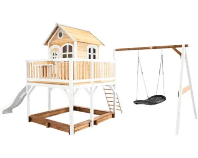 Produktbild von AXI Spielhaus Liam mit Sandkasten, Nestschaukel & weißer Rutsche | Stelzenhaus XXL in Braun & Weiß aus Holz für Kinder | Spielturm mit