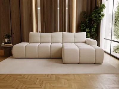 Produktbild von GrainGold Ecksofa L-Form Montero Rechts - Ecksofa mit Schlaffunktion, Bettkasten - Moderne Ecksofa, Wohnzimmer Sofa - Eckcouch mit Bouclé-Stoff - Creme