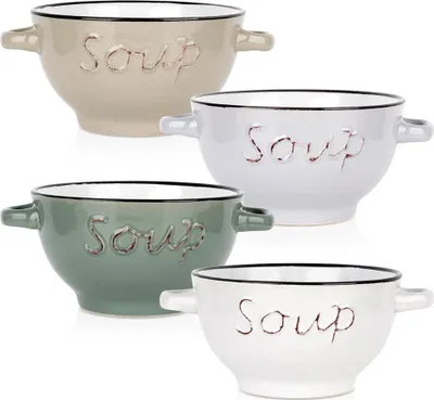 Four ceramic soup bowls in different colors are arranged in a grid formation against a white background.
