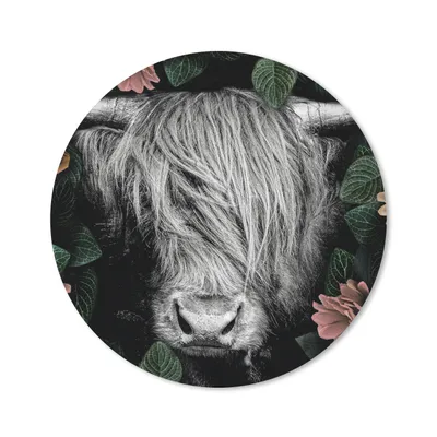 Produktbild von MuchoWow® Mauspad Mousepad Schottischer Highlander - Blumen - Schwarz - Weiß 50x50 cm - Mousepads - Maus Mat - Pad - Mausunterlage - Vinyl