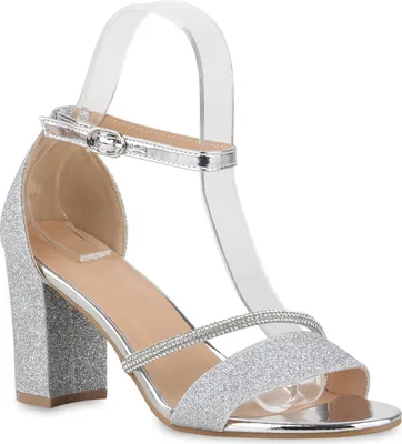 Produktbild von VAN HILL Damen Riemchensandaletten Sandaletten Strass Glitzer Party Schuhe 840552, Farbe: Silber, Größe: 38