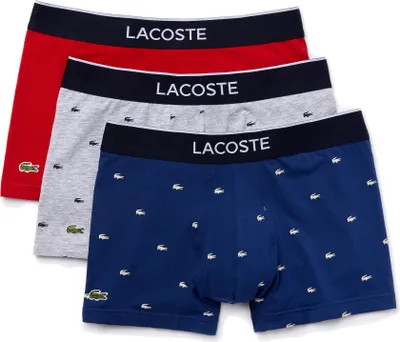 Produktbild von Lacoste Boxer Trunks (3-pack), heren boxers kort, grijs en blauw met logo en uni rood