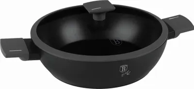 A black casserole dish with two handles and a lid, shown from a slightly elevated front-left angle against a white background.
