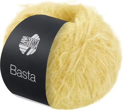 A ball of yellow yarn with a black label.