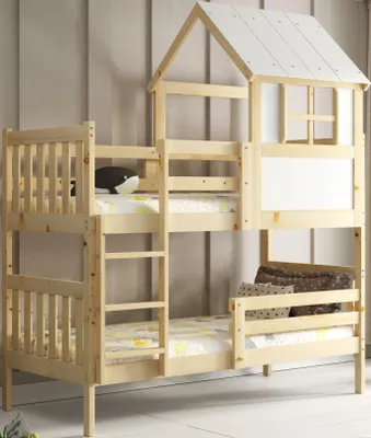 Produktbild von Interbeds Etagenbett Hochbett Hausbett 190x90cm Naturholz Massivholz 2 Plätze mit Rausfallschutz mit Lattenrost Bettgestell trennbar in 2 Einzelbetten