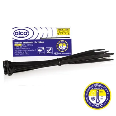 Obrázok produktu pre alca® káblové pásky 7,2*200 mm 50 ks čierne 55 kg pevnosť v ťahu odolné voči UV žiareniu pre vnútorné a vonkajšie upevnenie káblov nylon odolný voči teplote