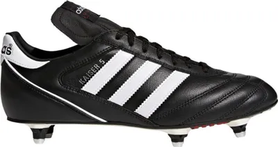 A black Adidas Kaiser 5 Cup soccer cleat with white stripes and red accents is shown against a white background.