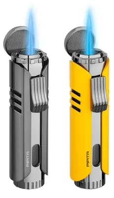Immagine prodotto di Confezione da 2 accendini a fiammella antivento, a gas butano, a getto singolo, in metallo, con fiamma regolabile e ricaricabili, colore grigio e giallo