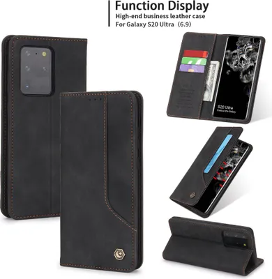 Produktbild von Galaxy S20 Ultra Hülle, LaimTop Retro Kunstledertasche Schutzhülle mit Kartenfach Standfunktion für Samsung Galaxy S20 Ultra Schwarz