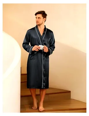 Produktbild von Eleganter Satin Bademantel für Herren mit Taschen und Gürtel, kurzer Morgenmantel für Sauna und Wellness
