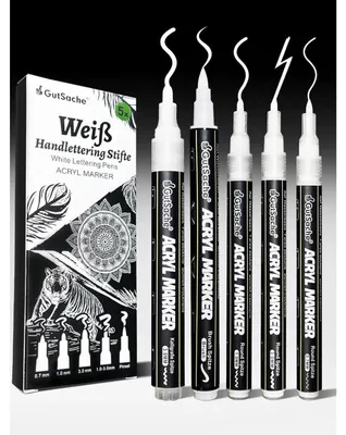 Productafbeelding van Set van 5 witte acrylmarkeerstiften, waterbestendig, met hoge dekkracht, lijndikte 0,7-3 mm