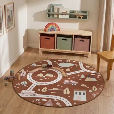 Produktbild von Volero - Auto Spielteppich Rund - Rocky Ride Terracotta - Ø 80 cm - Kinderzimmer, Babyzimmer