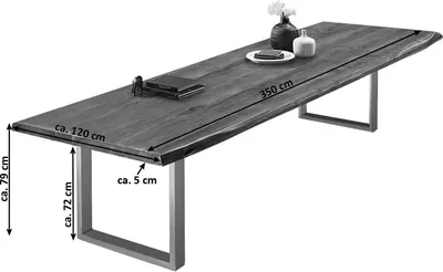 Produktbild von XL-Esszimmertisch 350x120 cm Valin, Akazienholz nussbaumfarben & massiv, Baumkantentisch mit U -Gestell aus Metall Silber, echte Baumkante, Platte 50mm