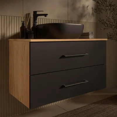 Produktbild von Planetmöbel LUX Badmöbel-Set Waschtisch mit Unterschrank 90 cm Gold Eiche/Anthrazit hängend & Aufsatz-Waschbecken 42 cm Schwarz