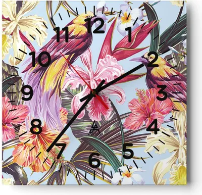 Produktbild von Wanduhr - Quadrat - Glasuhr - Blume Vogel Sommer - 30x30cm - Schleichendes Uhrwerk - Lautlos - zum Aufhängen bereit - Dekoration Modern - Wanddekoration aus Glas - C4AC30x30-3485